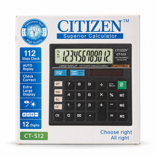 CT-512 copy calculator retail box showing 12-digit display and 112-step check features
