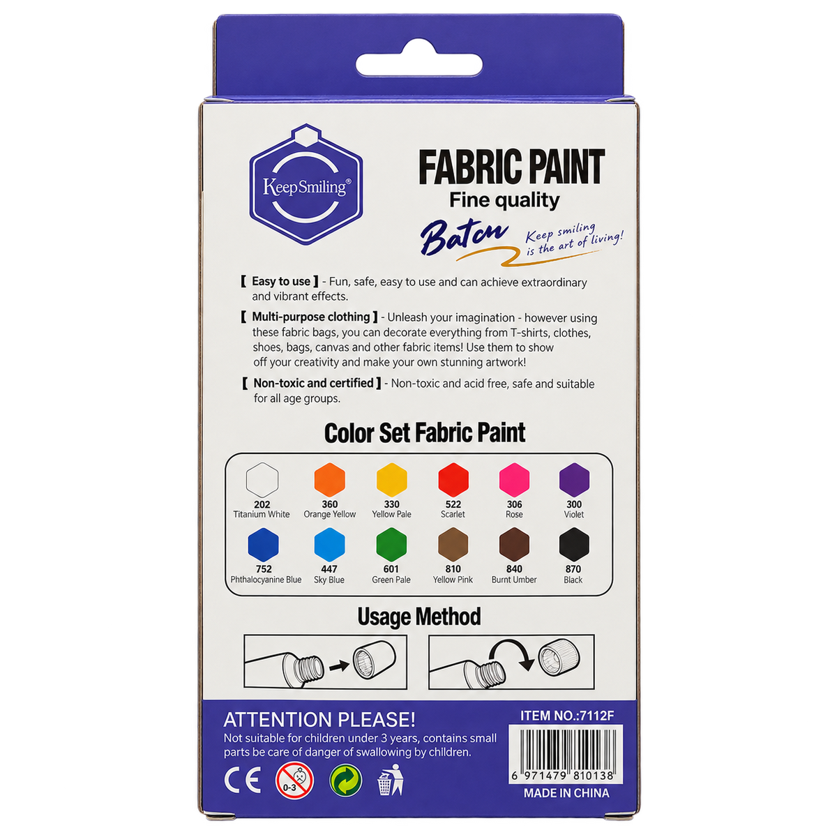 KeepSmiling Fabric Paint 7112F 12 colors x 12ml back packaging with color chart and usage instructions