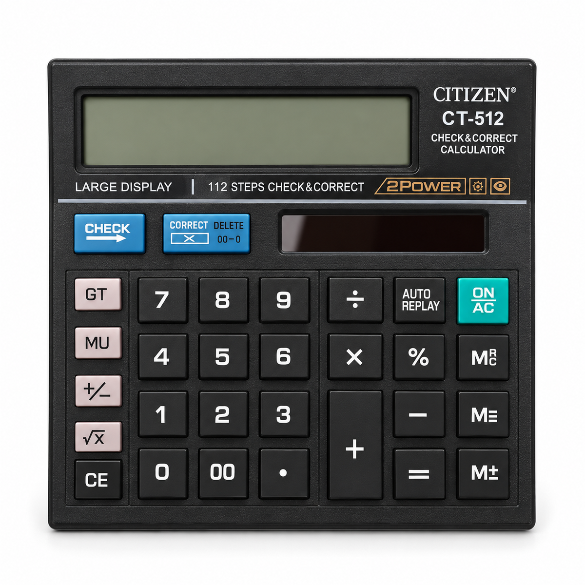 Citizen CT-512 copy calculator, front view with large display and check-and-correct keys