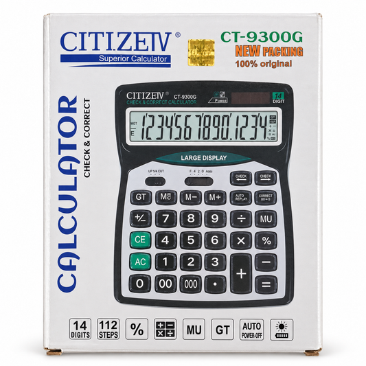 CT-9300G calculator packaging showing 14-digit display and 112-step check features