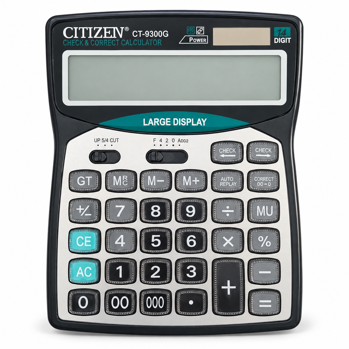 CT-9300G 14-digit desktop calculator with large display, silver keypad and teal clear keys
