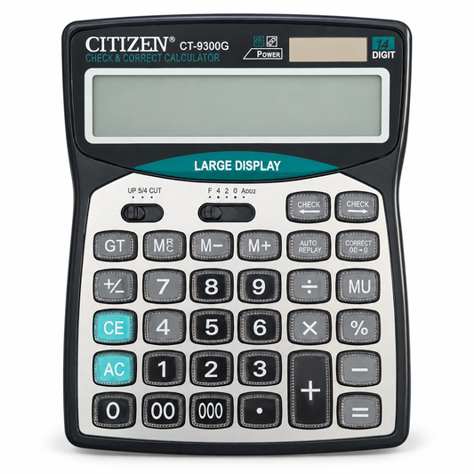 CT-9300G 14-digit desktop calculator with large display, silver keypad and teal clear keys