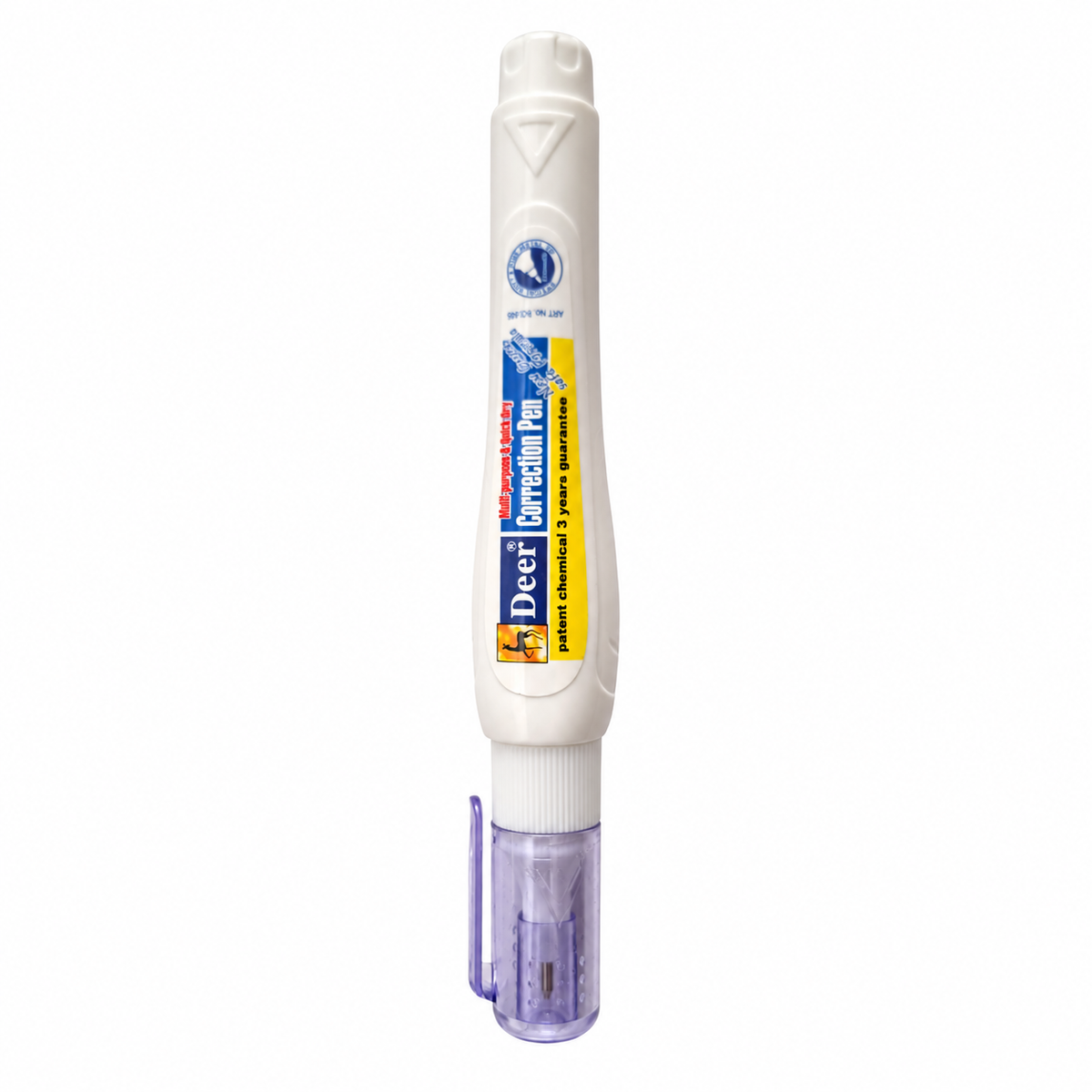 Deer correction pen, single piece with white body and translucent purple cap