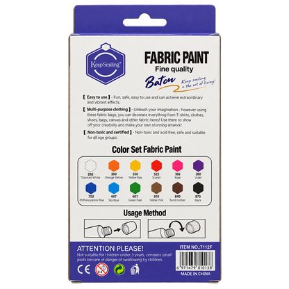 KeepSmiling Fabric Paint 7112F 12 colors x 12ml back packaging with color chart and usage instructions