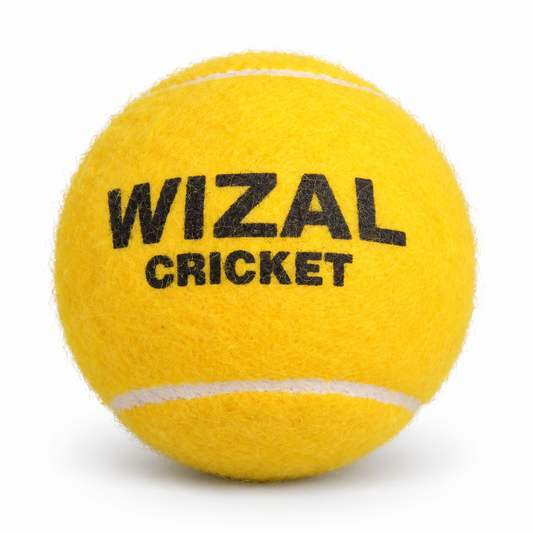 Close-up of a yellow Wizal Cricket ball with white seam and black branding